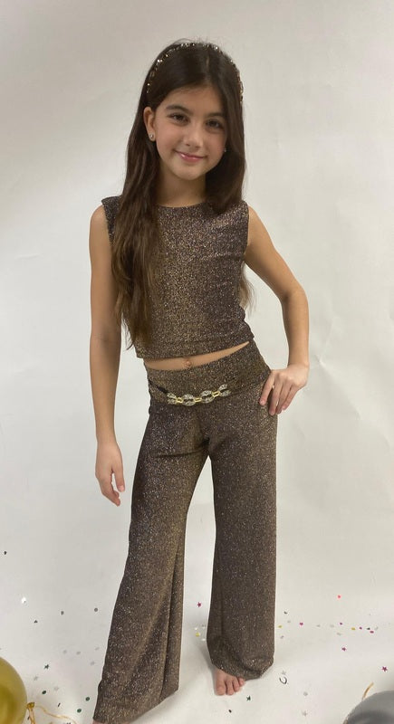 Topaz Sparkle Shell/ Chain Belt Wide Leg Pant Set