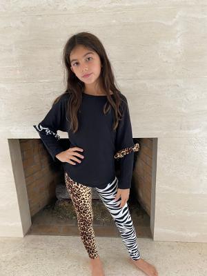Black Kourtney Ruffle Zebra/Leopard Top/Split Legging Set