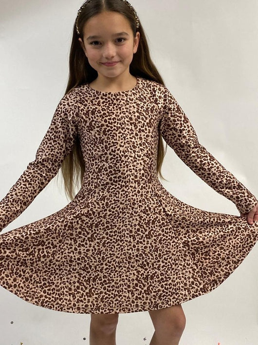 Tan/Chocolate Cheetah L/S Fit & Flare Dress