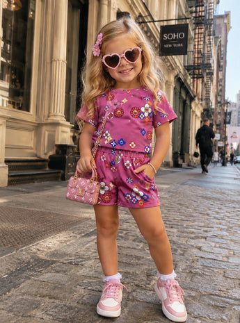 Pink Smiley Flowers Top/Short Set