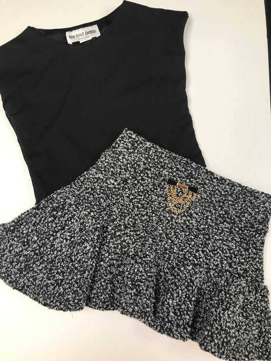 Black Crop Top/ Tweed Assymetrical  Skirt/ pin