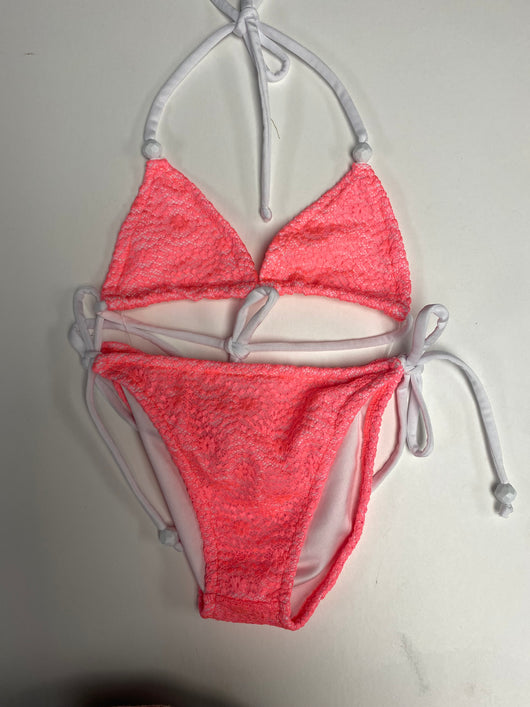 Hot Coral Lace/White Beads String Bikini