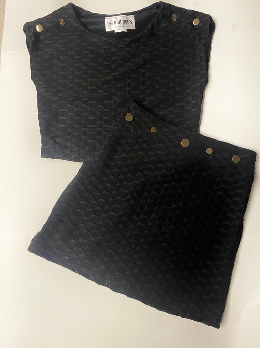 Black Honeycomb Cotorie Top Banded Skirt Gold Buttons