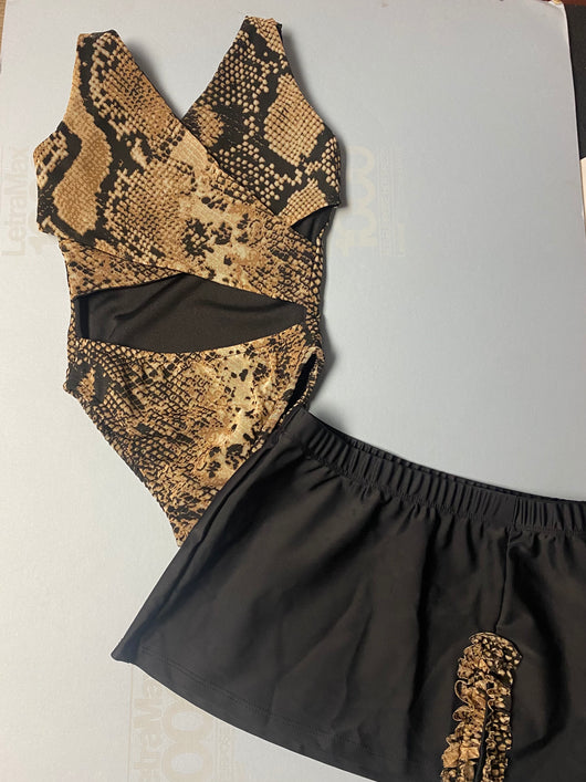 Tan Cobra Printed Net Criss Cross Tanksuit/Black slit coverup