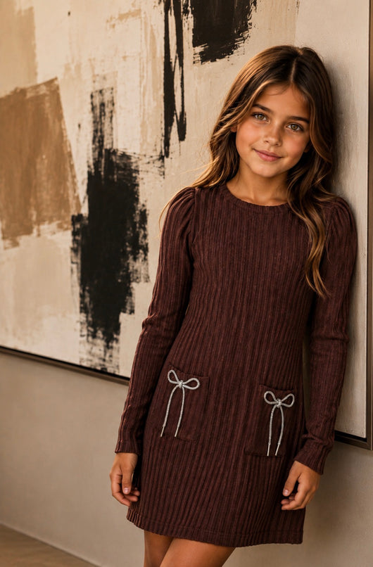 CHOCOLATE BRUSHED RIB L/S DRESS W/  STONE BOW