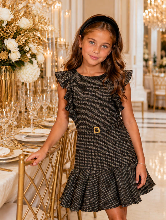 GOLD WEAVE ASSYMETRICAL BELTED DRESS