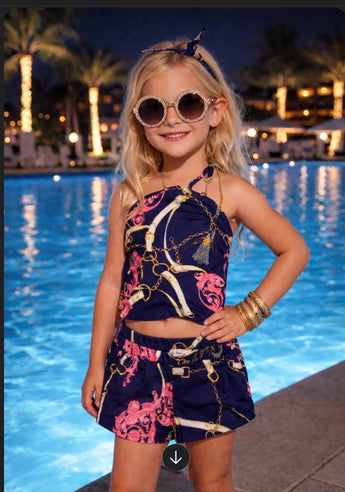 Navy/Pink Chains Designer Inspired Scarf Top/Short Set