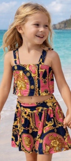 Pink/Navy Designer Inspired Top/Skirt Set