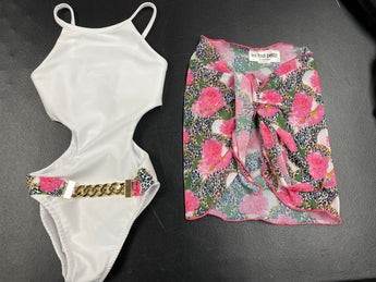White High Neck Monokini Jungle Buckle Belt / Jungle Sarong