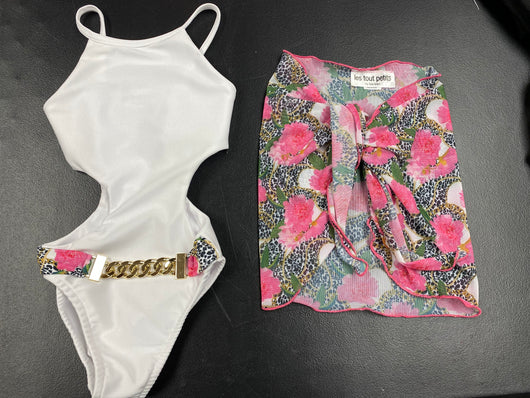 White High Neck Monokini Jungle Buckle Belt / Jungle Sarong
