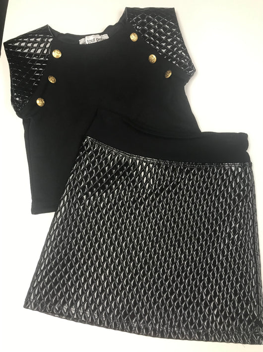 Black Quilted Top buttons/ Banded Skirt