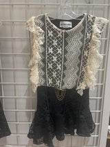 Ivory/Black Lace Assym Dress/Broach