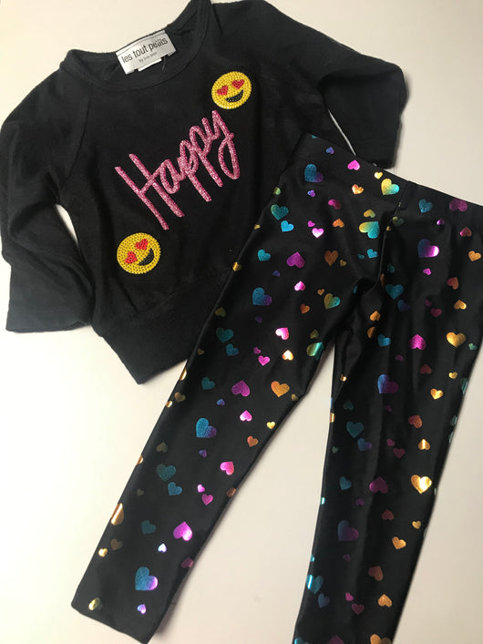 Black Happy Sweatshirt/Multi Heart Legging Set