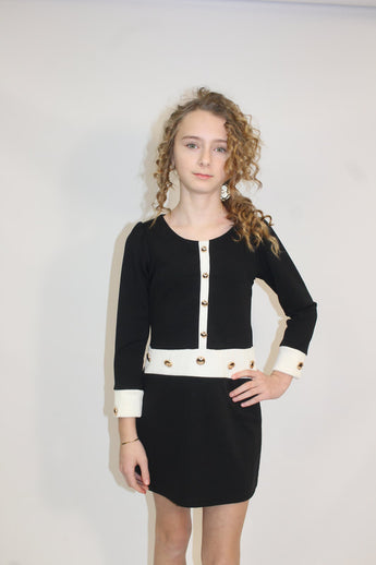 Black Ivory Long Sleeve Gold Button Dress