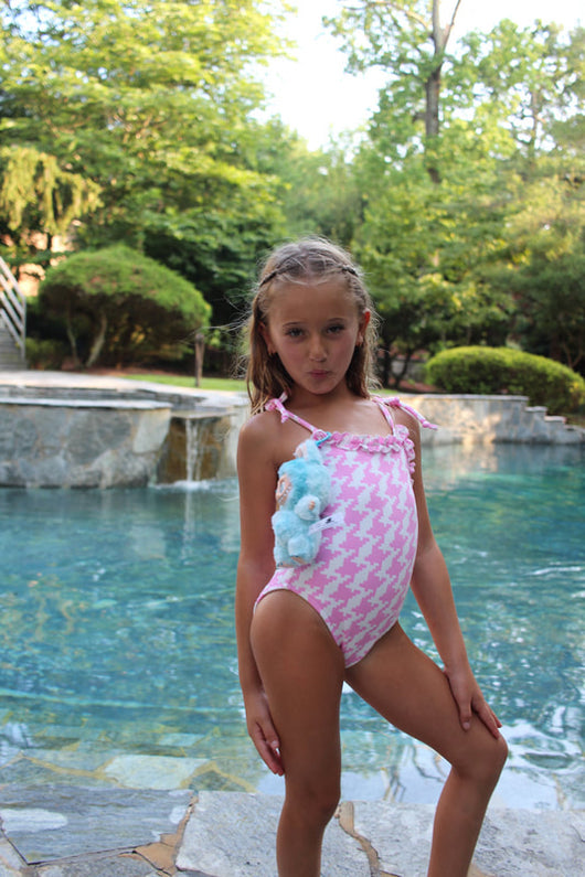 Bubble Houndstooth Tie Bow Ruffle Tanksuit