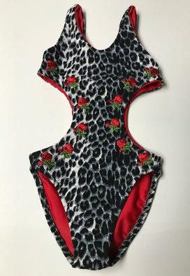 BLACK WHITE CHEETAH MONIKINI ROSES