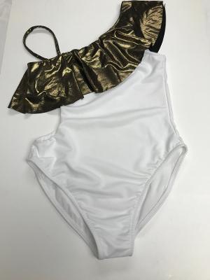 White/Gold Shimmer 1 Shoulder Ruffle Tanksuit
