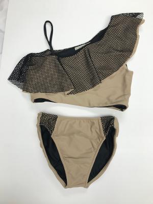 Tan/Black Fishnet 1 Shoulder Ruffle Bikini