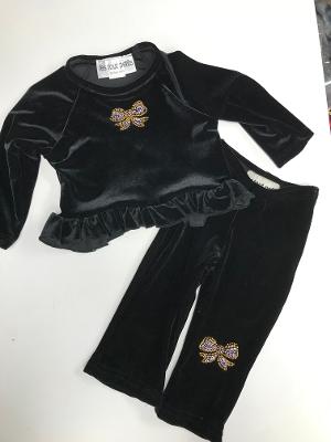 Black Velvet Ruffle Top Bow /Comfy Pant Infant Set