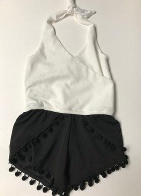 HALTER ROMPER WHITE/BLACK POM POMS