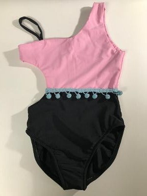 Pink  Black 1 Shoulder Monokini PomPom