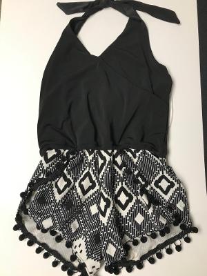HALTER ROMPER BLACK/BLACK AZTEC POM POMS
