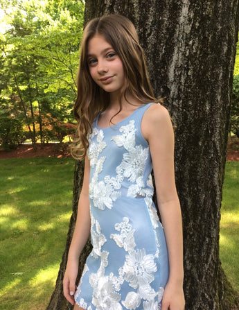 Blue White Embroidered Side Insert Dress
