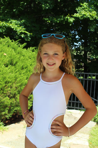 WHITE HIGH NECK MONOKINI MULTI STONES