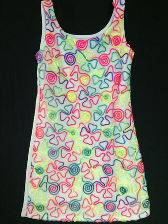 Neon Embroidered White Ribbon Tank Dress