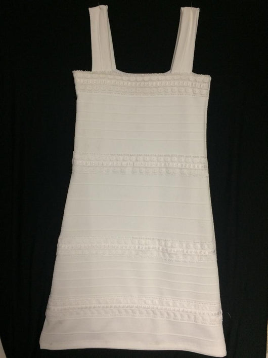 White Texture Stripe Banded Lace Trim Dress