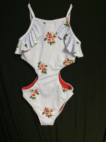 STRIPE ROSE RUFFLE MONOKINI