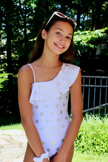 SILVER DOT  1 SHOULDER RUFFLE SUIT