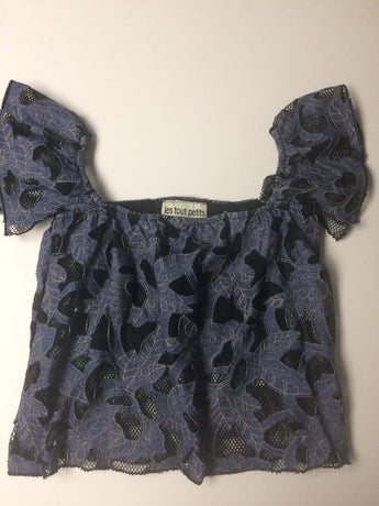 DENIM EMBROIDERY FLORAL ON/OFF  SHOULDER TOP