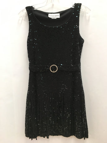 Black Sequin Belted Fringe Dress