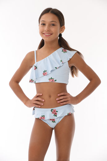 STRIPE ROSE 1 SHOULDER RUFFLE BIKINI