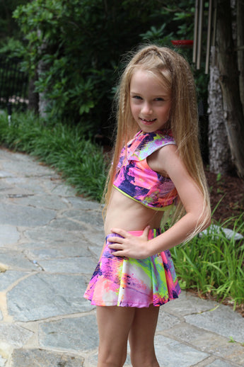 Neon Sunset 1 shoulder ruffle skirt suit
