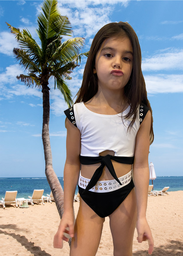 White/Black Cap Sleeve Knot Bikini/Silver Disc