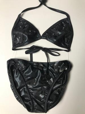 Black Vegan Leather Bikini/ Flower