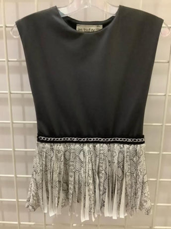 Black Leather/Black White Snake Chain Cap Sleeve Fringe Dress