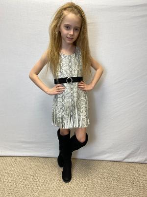 Black/White Snake Sheath Belted Fringe Dress